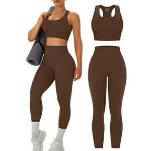 Women Workout Set Seamless High Waist Legging Padded Racerback Sports Bra Brown